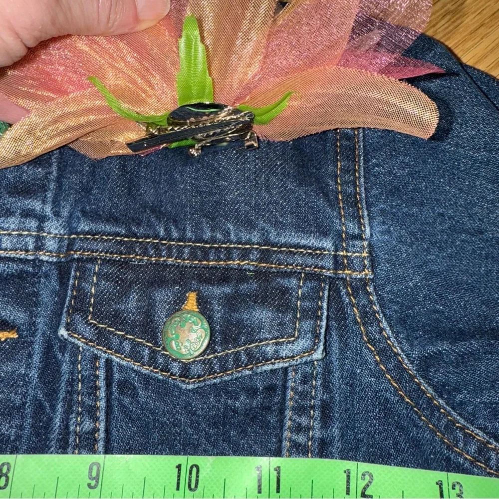 OshKosh B'gosh‎ Upcycled Dark Blue Jean Jacket with Pink Brocade Detail